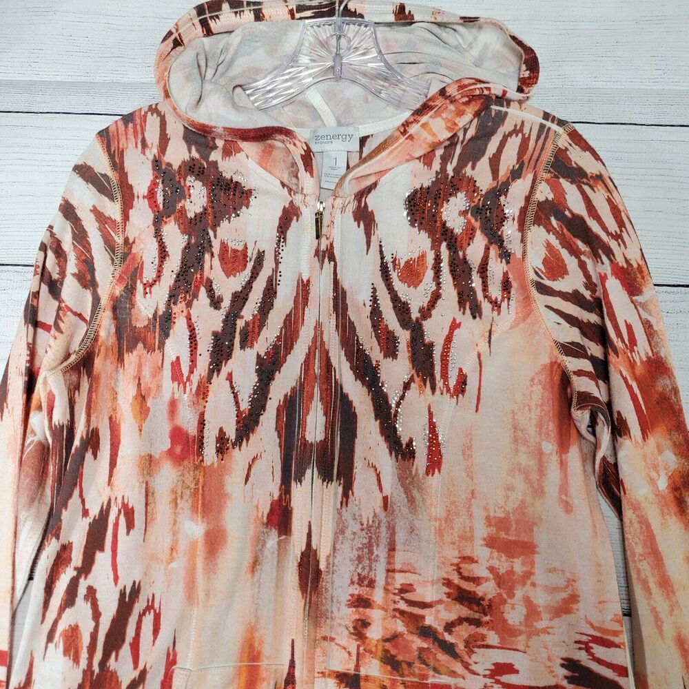 Chico's Zenergy Hooded Animal Print Rhinestone Zip Jacket Size 1